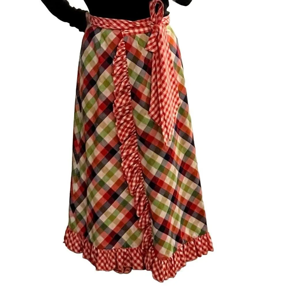 Vtg 70s Red Gingham Plaid Reversible High Waist Ruffle Wrap Full Maxi Skirt L
